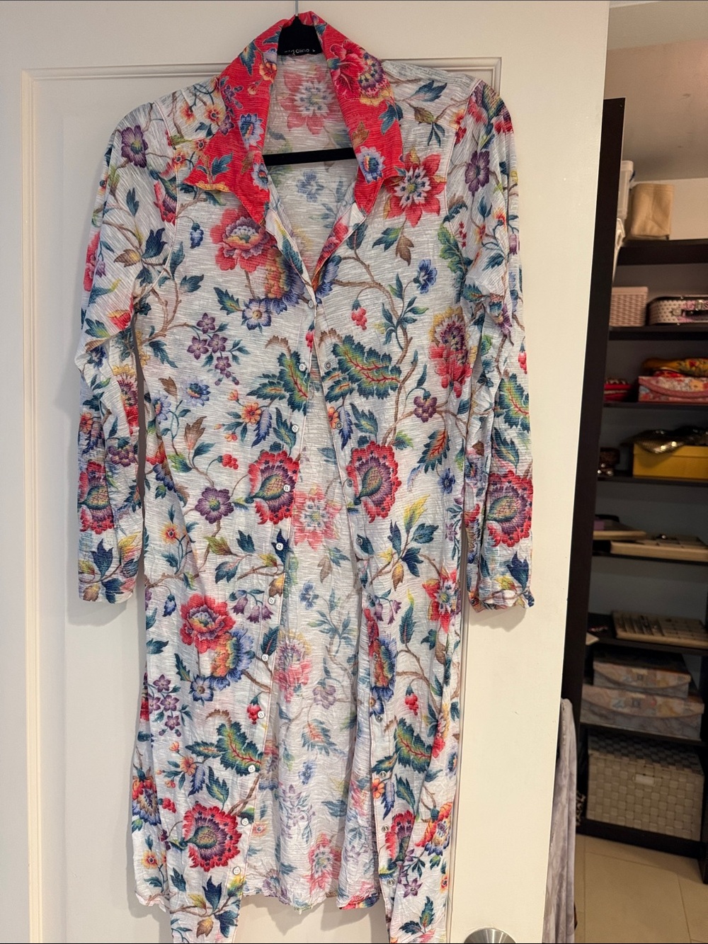David Cline Floral Button-Front Long Sleeve Dress - White with Pink & Blue